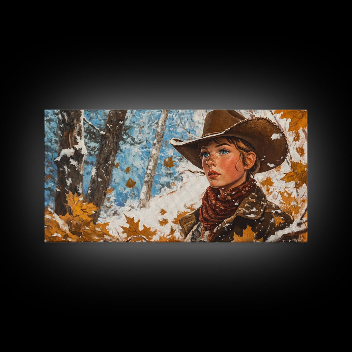 Western-inspired Framed Canvas Print of a woman on horseback in a snowy mountain landscape, holiday wall art and winter wonderland vibes