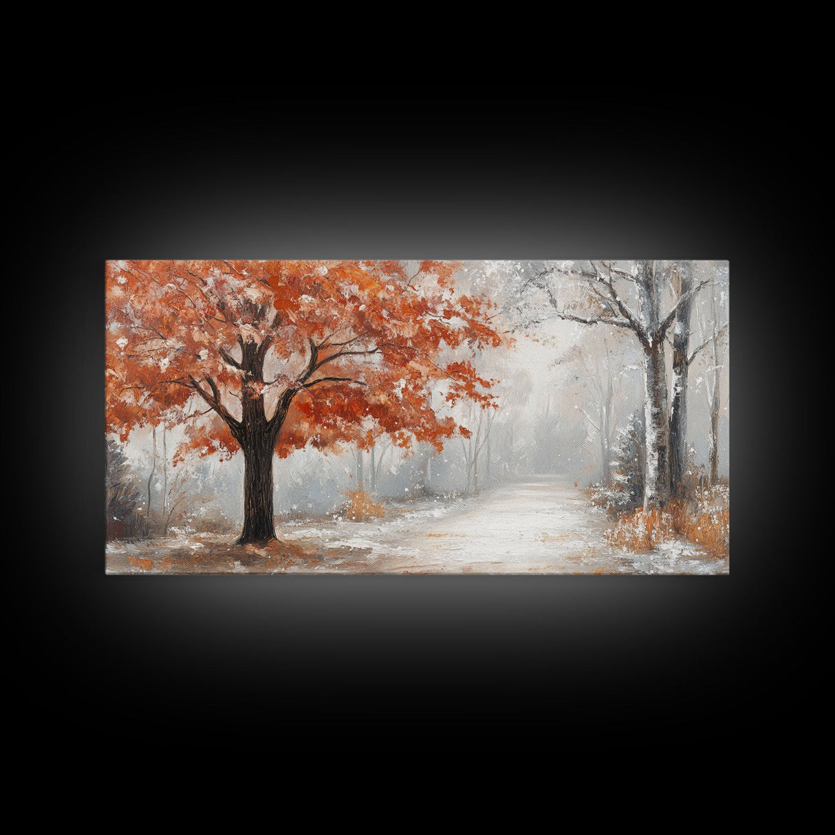 Misty Forest Path with Orange Leaves Framed Canvas Print, Ideal Autumn Decor or Fall Wall Art for Cozy Home Interiors