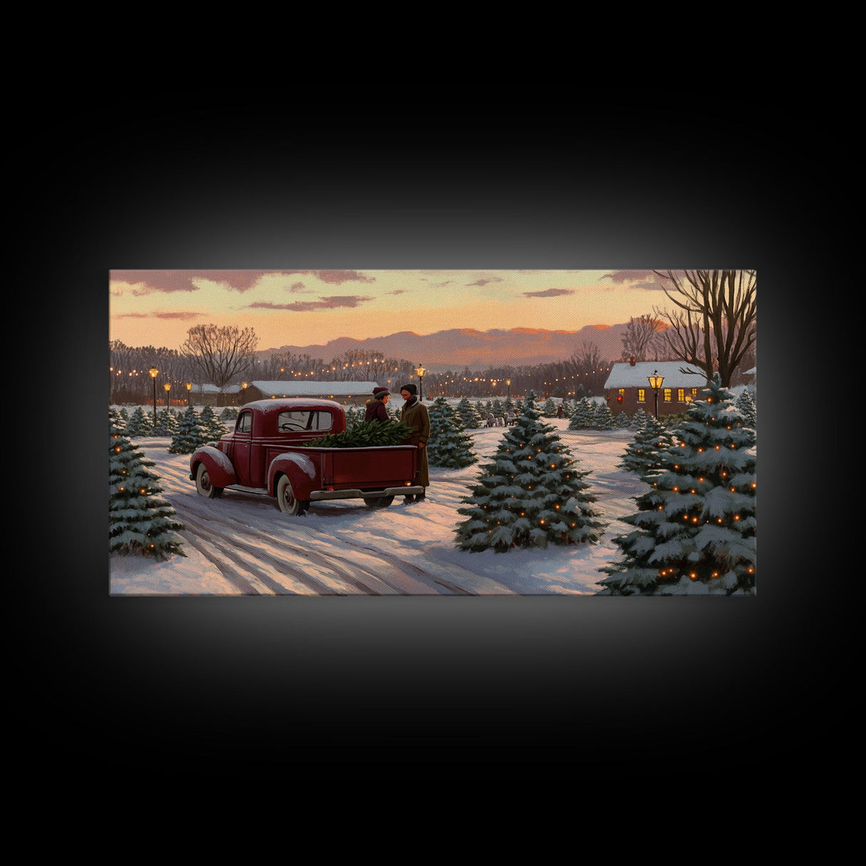 Christmas Tree Farm Framed Canvas Print, Red Truck Winter Scene, Farmhouse Christmas Decor, Christmas Vacation Decor, Holiday Art Gift