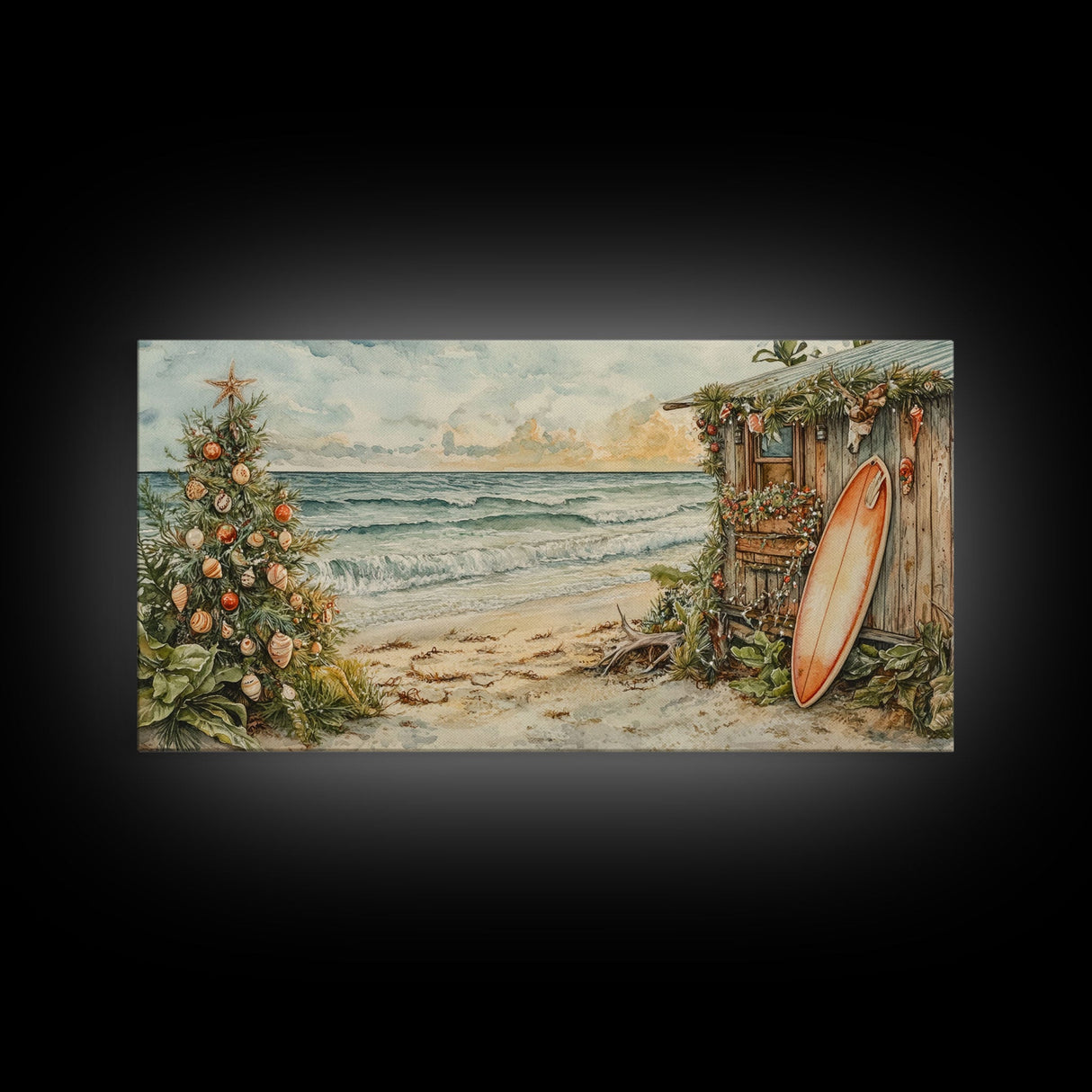 Christmas Tree Beside Rustic Beach House Coastal Holiday Scene Framed Canvas Print, Beach Christmas Wall Art And Decor