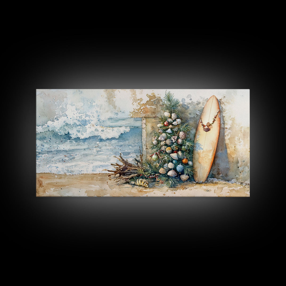 Coastal Christmas Scene Surfboards Christmas Tree Framed Canvas Print, Beach Holiday Decor Wall Art With Surfing Theme