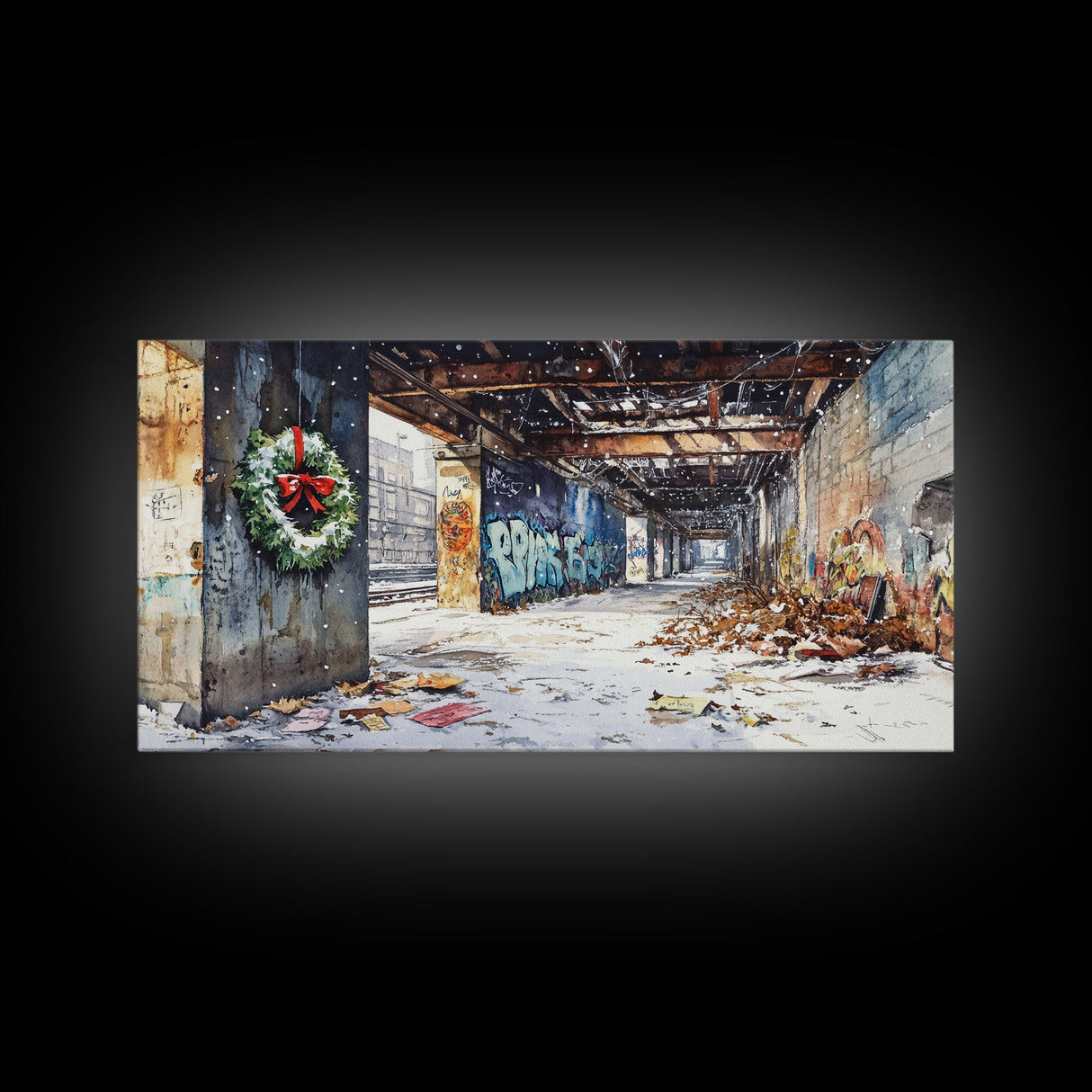 Rustic Urban Wreath Holiday Decor Framed Canvas Print, Christmas Scene with Snowfall and Graffiti Wall Perfect Holiday Wall Art