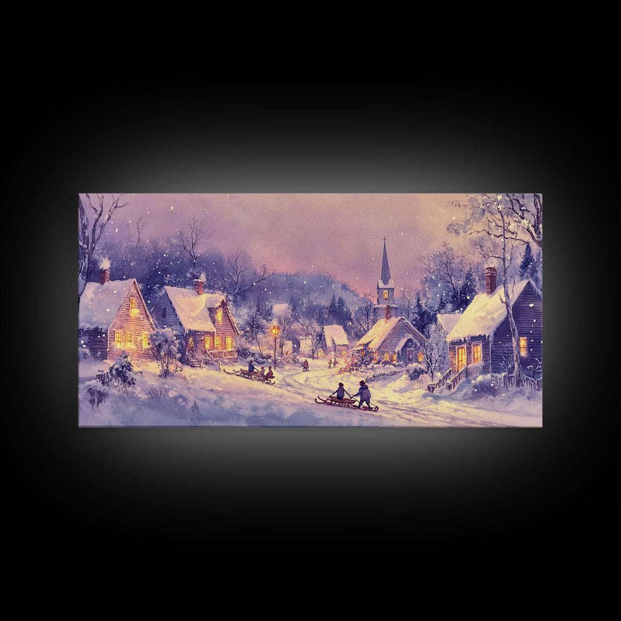 Serene Christmas Village Framed Canvas Print, Snowy Winter Landscape with Families Sledding in a Cozy Neighborhood Holiday Art