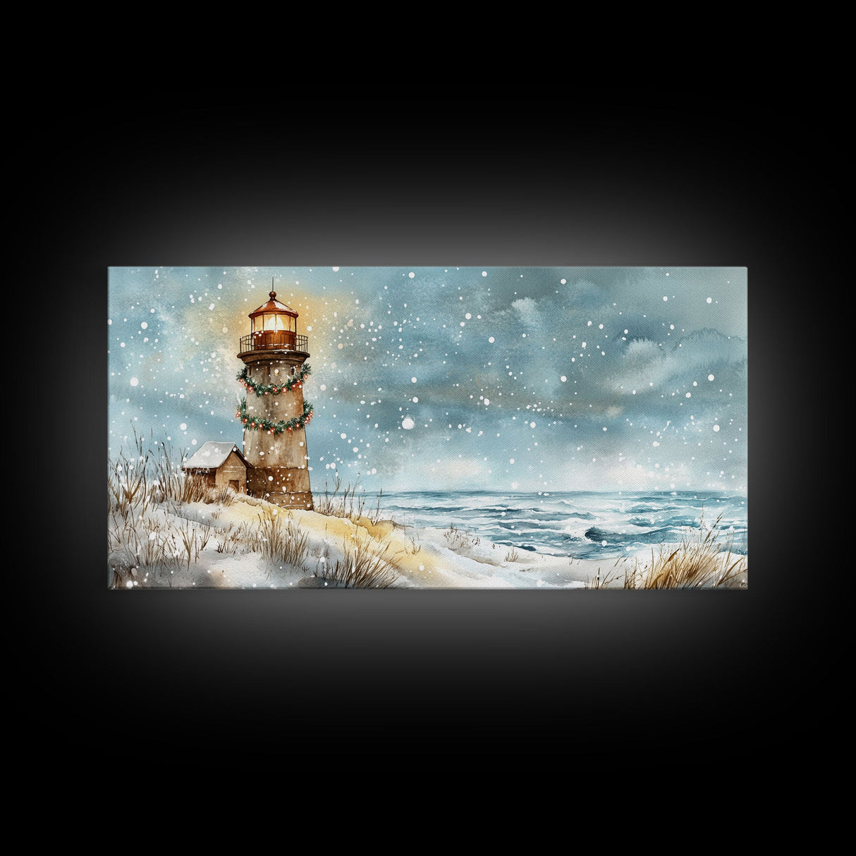 Coastal Christmas Lighthouse Decor Framed Canvas Print, Snowy Beach Scene with Holiday Wreath and Lighthouse Winter Wall Art