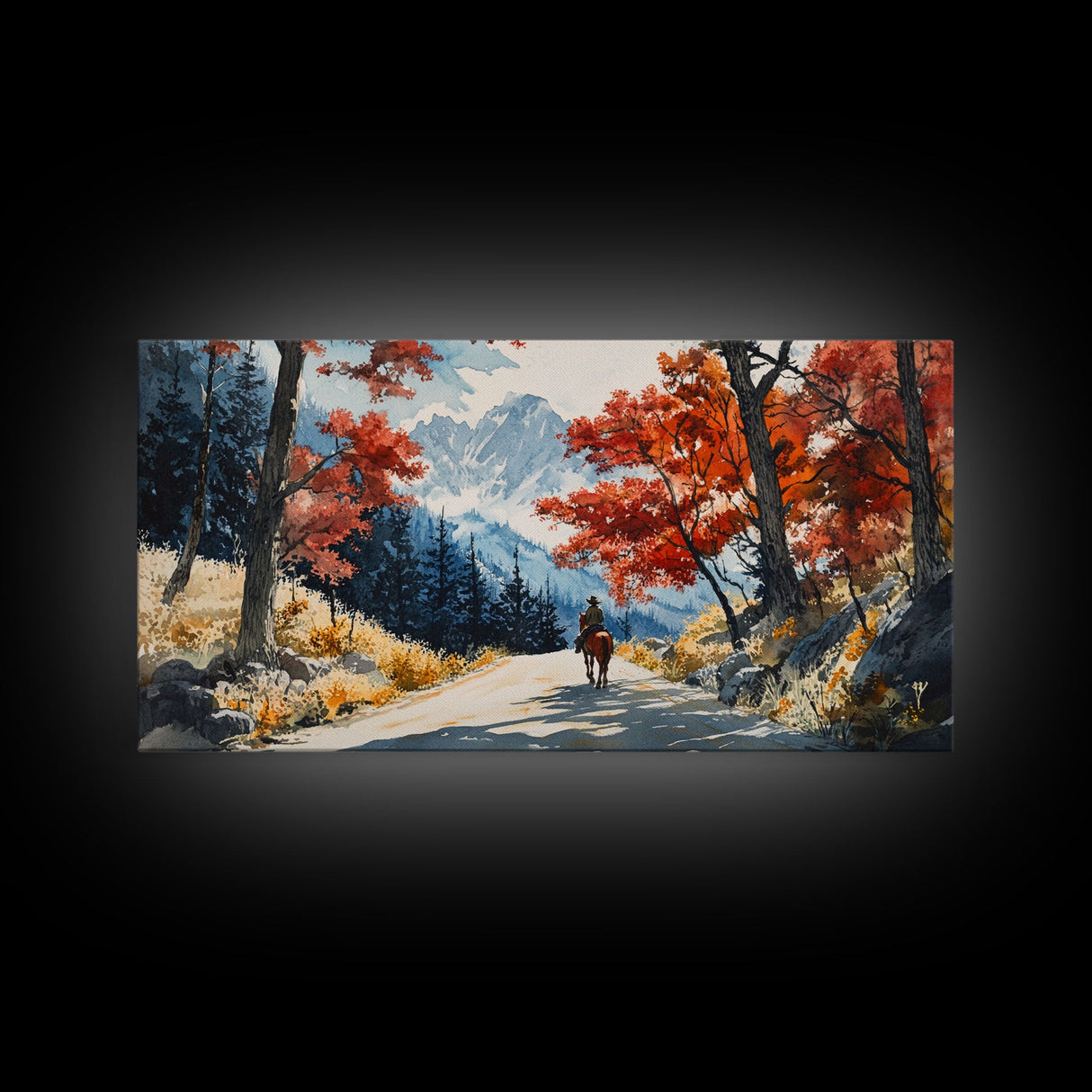 Cowboy Riding In Winter Snow Framed Canvas Print Tall Art Winter Landscape Rustic Christmas Decor Western Home Wall Art Mountain Gift Idea