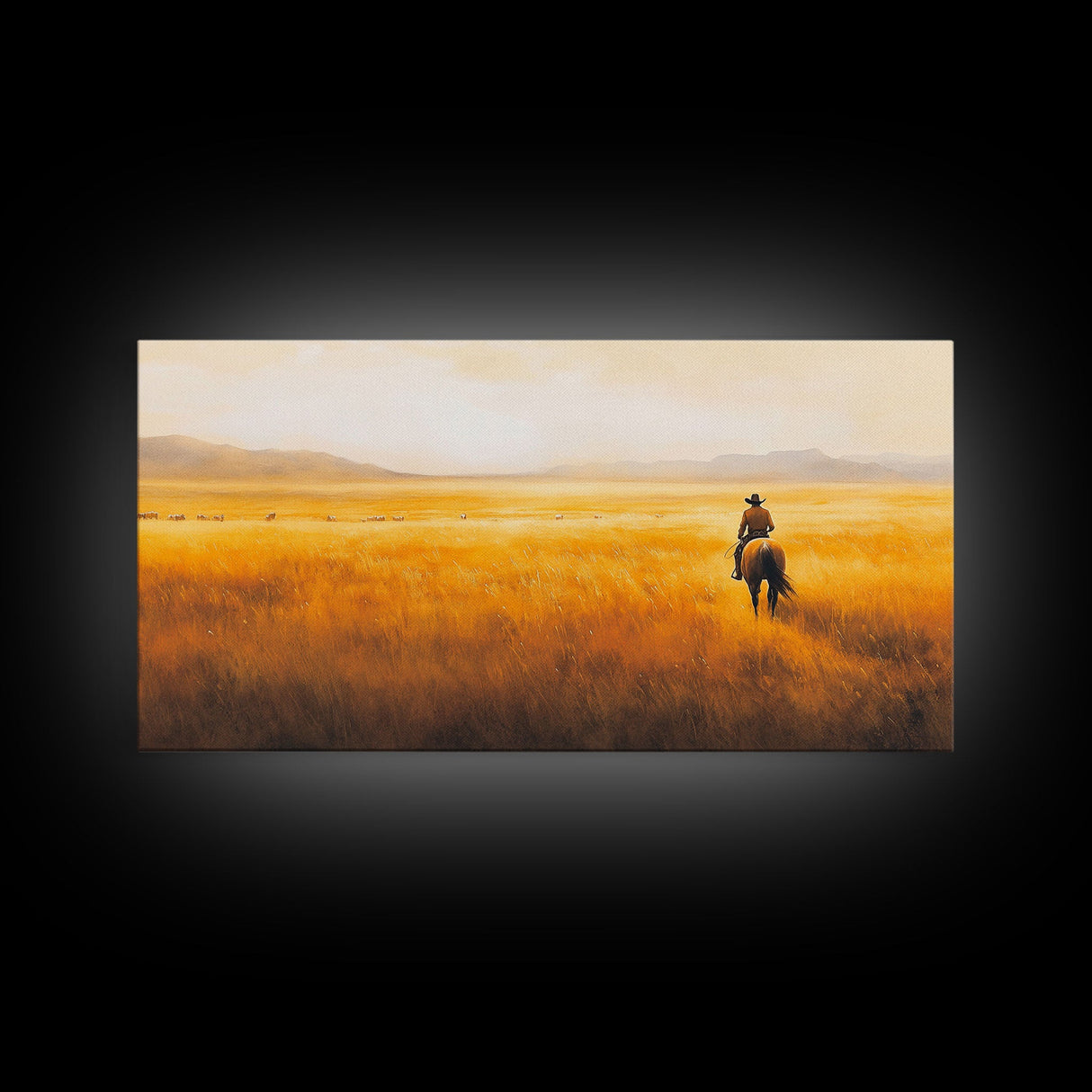 Herding Cattle Across Plains Framed Canvas Print Tall Art Rustic Autumn Landscape Western Country Decor Fall Home Wall Art Farmhouse Gift