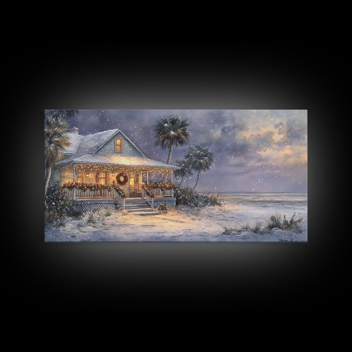 Christmas beach decor scene in tropical house with wreath and lights, Framed Canvas Print palm trees snow, winter art and holiday home decor