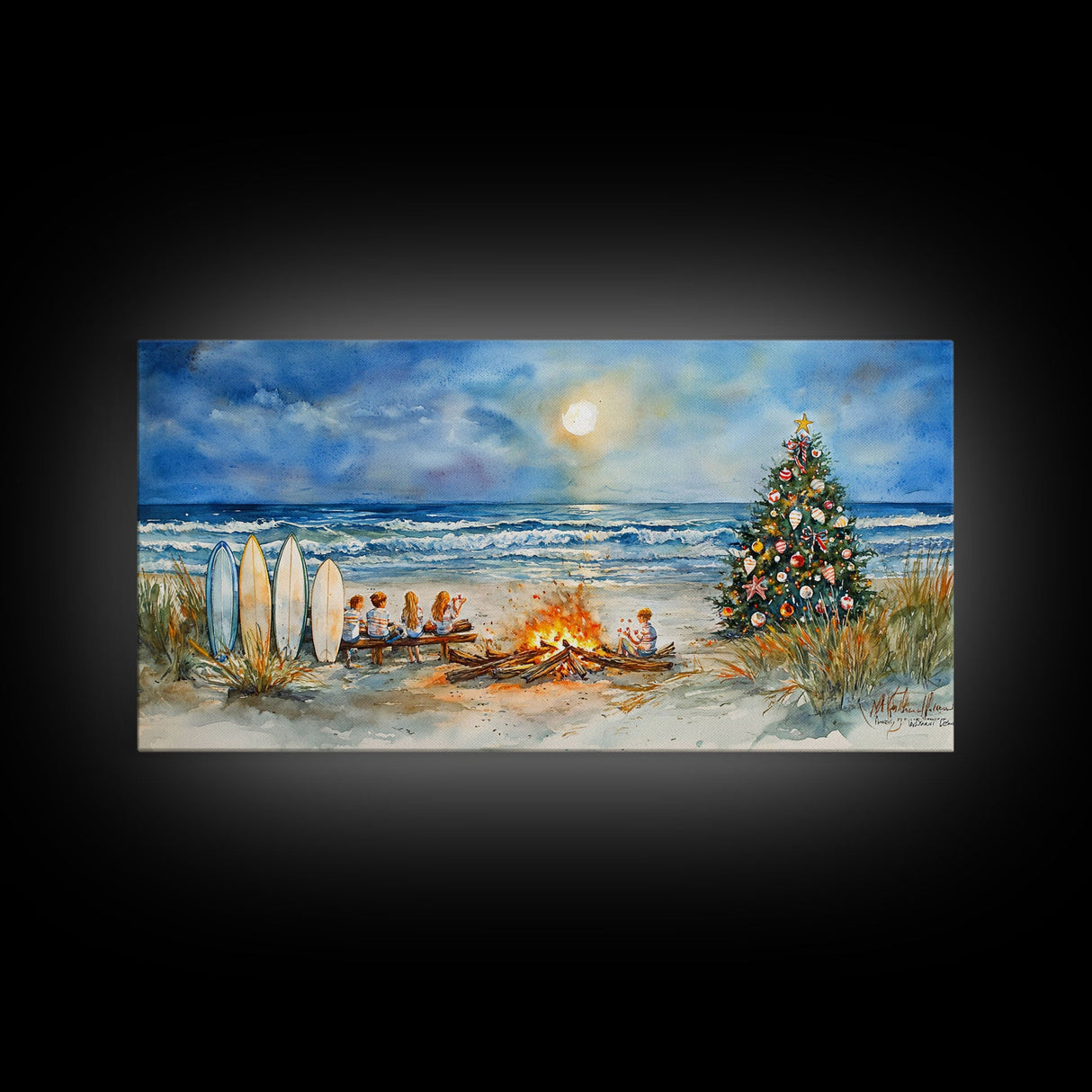 Christmas bonfire on the beach with surfboards and decorated tree, framed canvas print ideal tropical holiday wall art decor