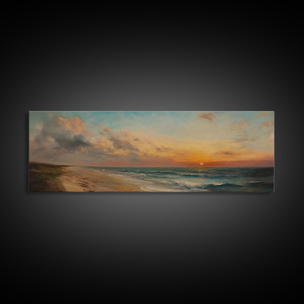 Muted Beach Framed Oil Painting Canvas Print, Minimalist Coastal Decor, Seascape Painting, Long / Horizontal Beach Wall Art, Panoramic Art