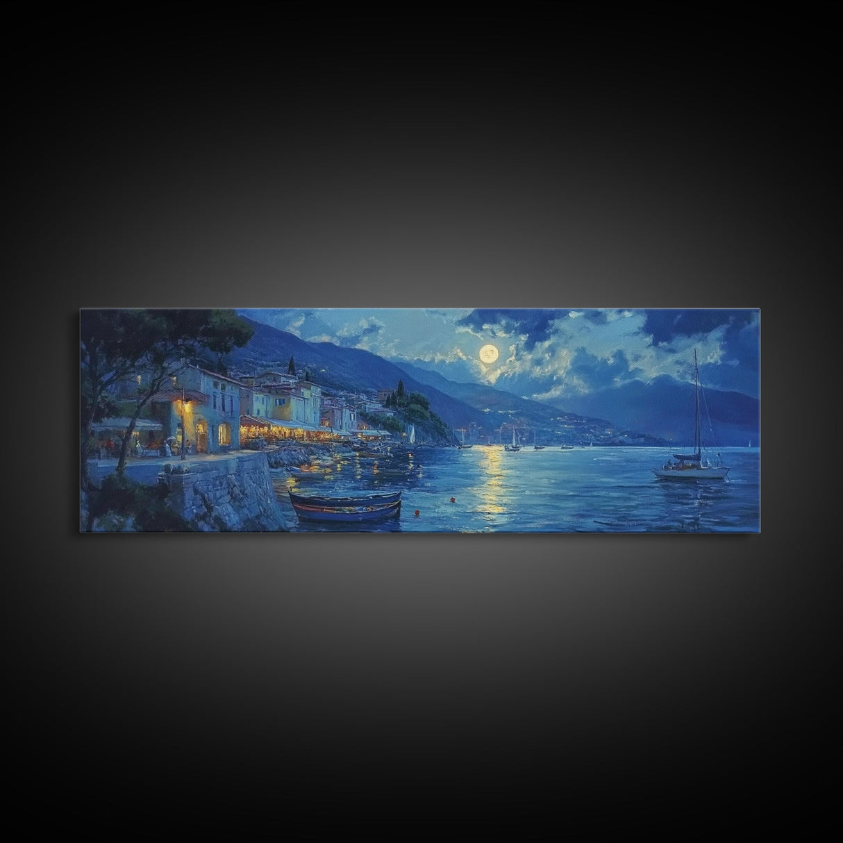 Fishing Village at Midnight Under a Full Moon, Framed Canvas Print, Panoramic Wall Art, Eclectic Boho Home Decor, Wide Oversized Wall Art