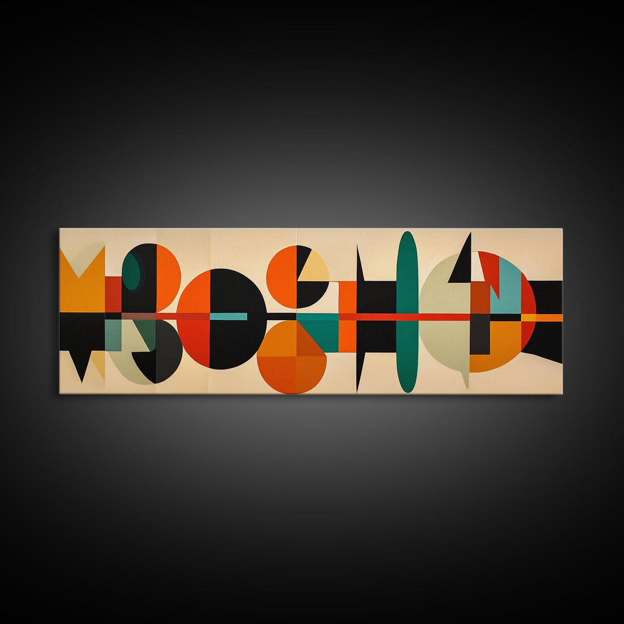 Mid-Century Modern Abstract Geometric Pattern Wall Art, Canvas Print, Wide Panoramic Wall Art For Living Room