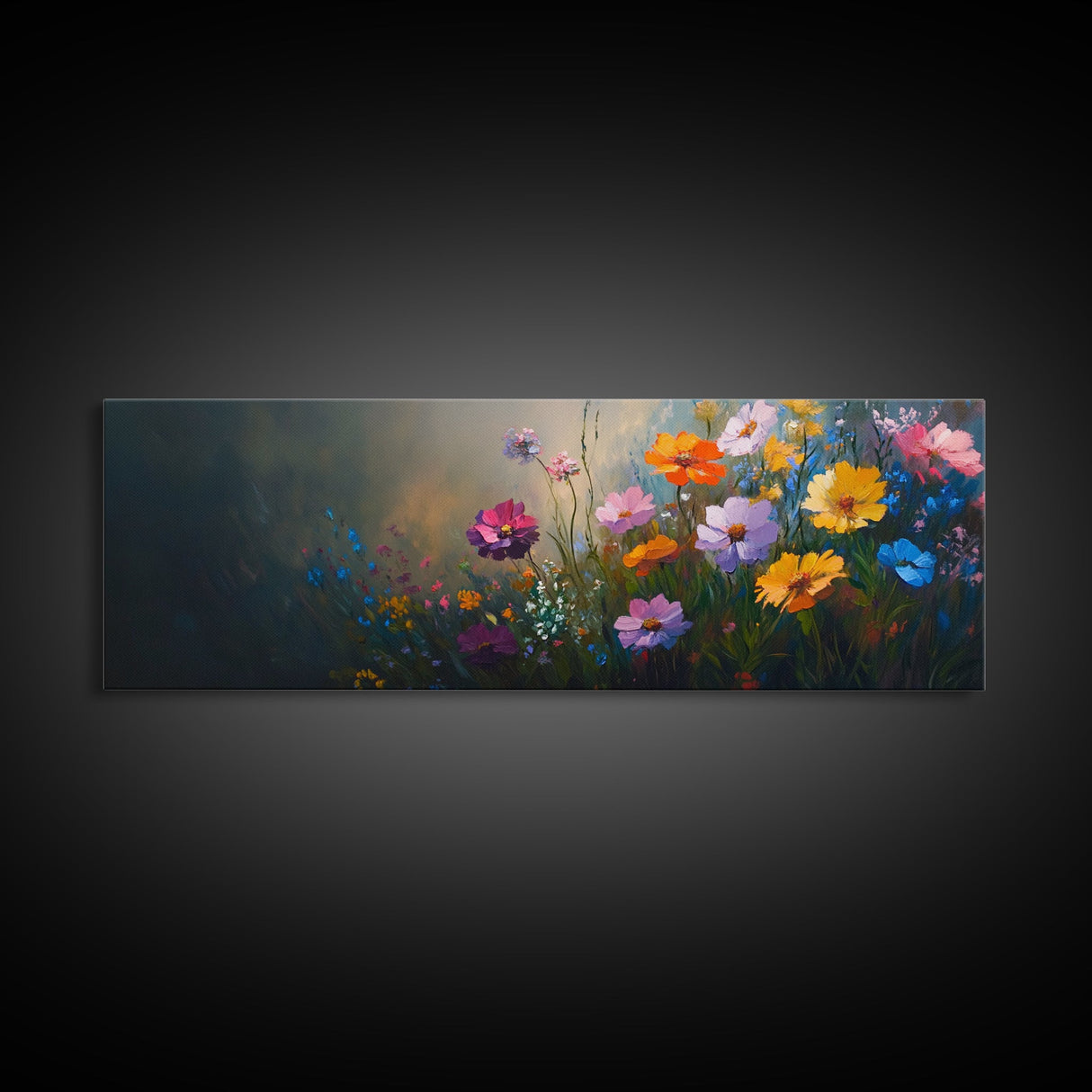 Wildflowers In a Thunder Storm, Framed Canvas Print, Colorful Botanical Print, Field of Wildflowers Canvas Art, Dark Floral Landscape Wide Art