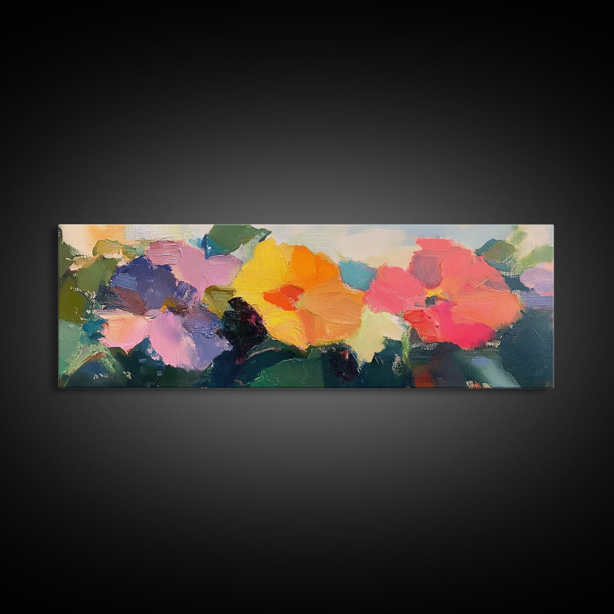 Abstract Flowers Panoramic Painting Print, Oil Painting Wood Framed Canvas Print, Boho Modern Art, Modern Farmhouse Decor