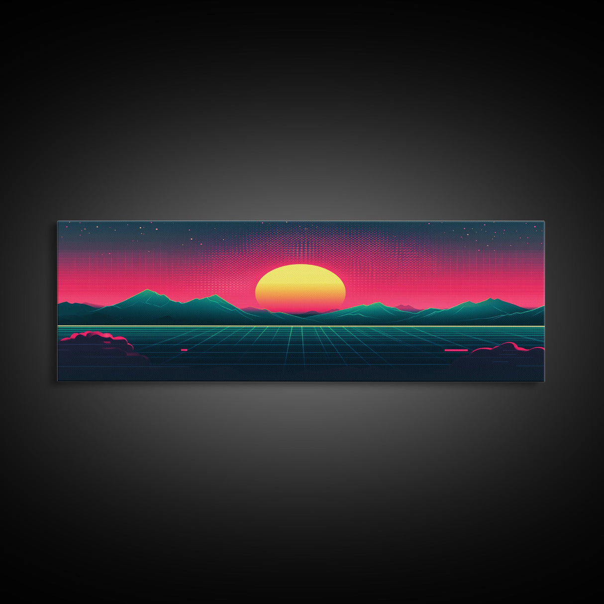 Synthwave Sunset Over The Mountains, Wireframe Art, Framed Canvas Print, Wire Frame Retro 1980s Style Wall Art