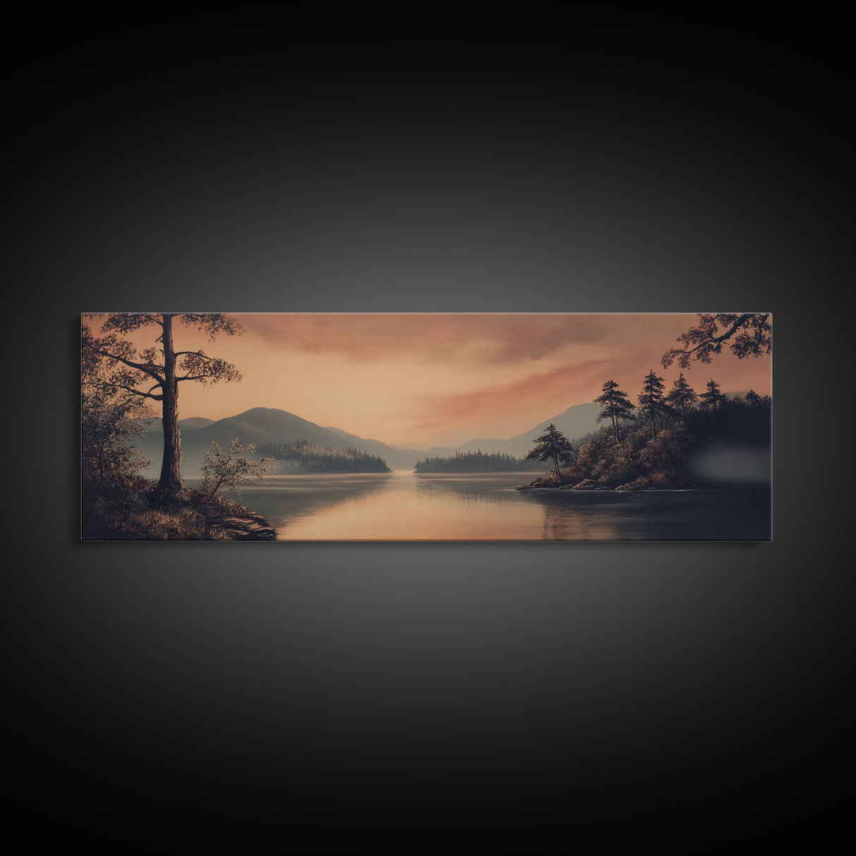 Moody Landscape Painting Print, Framed Canvas Print, Subdued Art, Dark and Stormy Landscape Painting, Panoramic Ultra Wide Wall Art