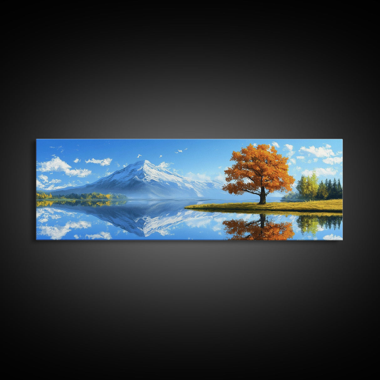 Large Framed Landscape Art | Reflections In The Lake | Panoramic Landscape Painting Framed Canvas Print | Canvas Wall Art