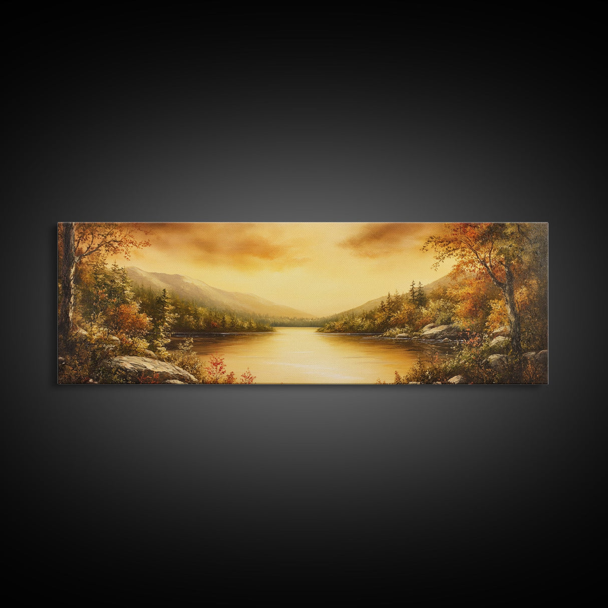 Sunset Over The Lake, Framed Canvas Print, Ultra Wide Wall Art, Panoramic Painting, Above Sofa Or Bed Wall Art, Home Decor, Calm Wall Art