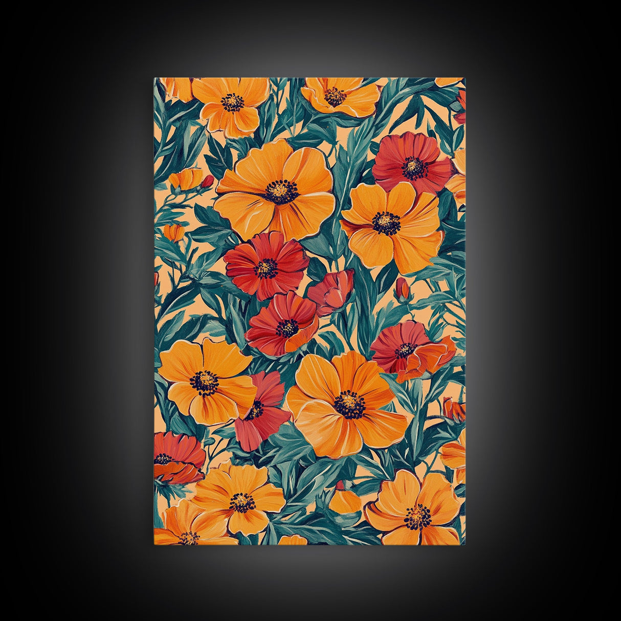 Orange and Red Flower Print, Canvas Print, Wood Frame Art, Large Wall Art, Abstract Botanical or Floral Wall Art, Custom Painting For Living Room