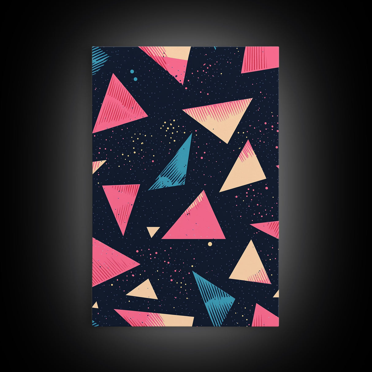 Retro 90s Style Wall Art Framed Canvas Print, Synthwave Abstract Triangles