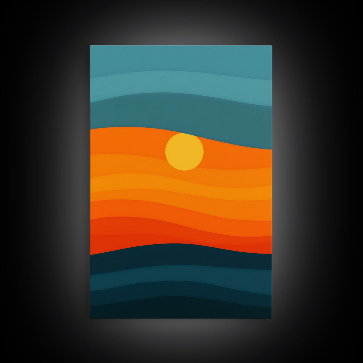 MCM - Mid Century Modern Framed Canvas Print of a Sunset, Gradient Painting Print, Vintage Landscape Art