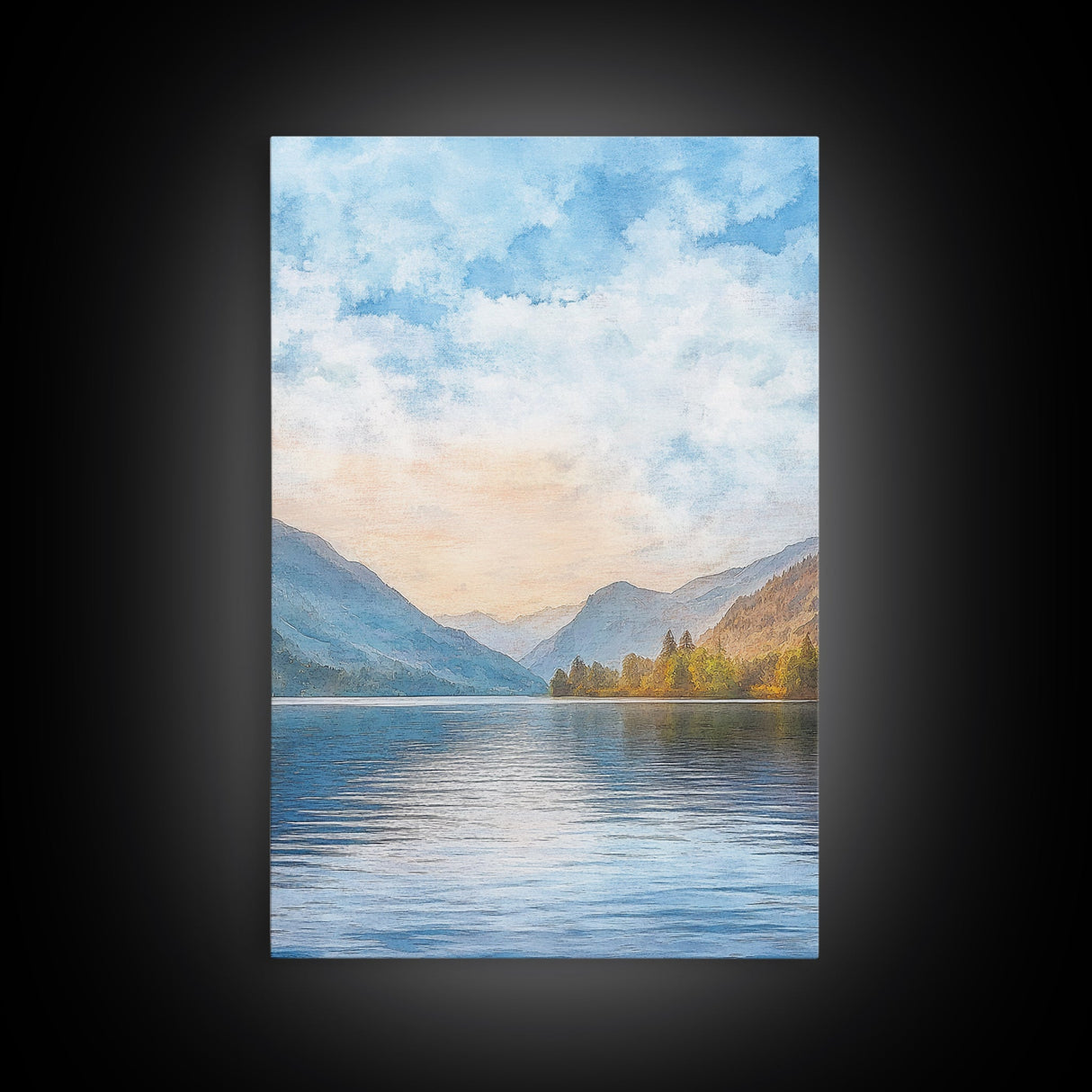 The Calm Lake Framed Canvas Print, PNW Wall Art, Modern Realism Home Decor, Watercolor Landscape Print