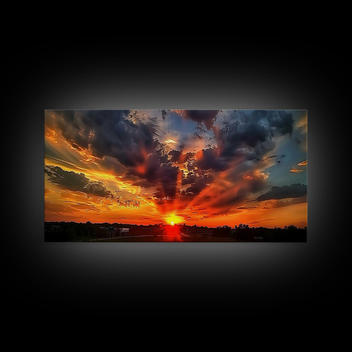 Small Town Life, Framed Canvas Print, Sunset Over A Small Town, Rustic Farmhouse Decor, Photography Style Wall Art
