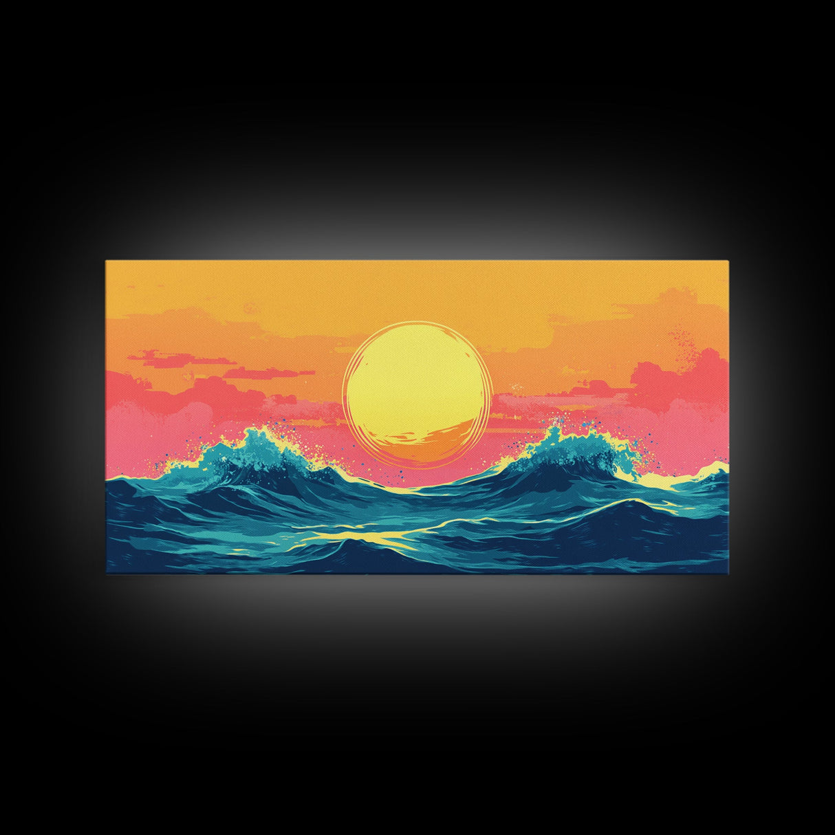 Synthwave Sunset Over Ocean Waves, Framed Canvas Print, Retro 80s Inspired Home Decor Wall Art