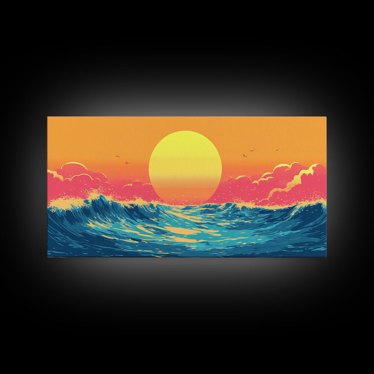 Retro Sunset Over The Ocean, Framed Canvas Print, Beautiful Synthwave Horizontal Wall Art