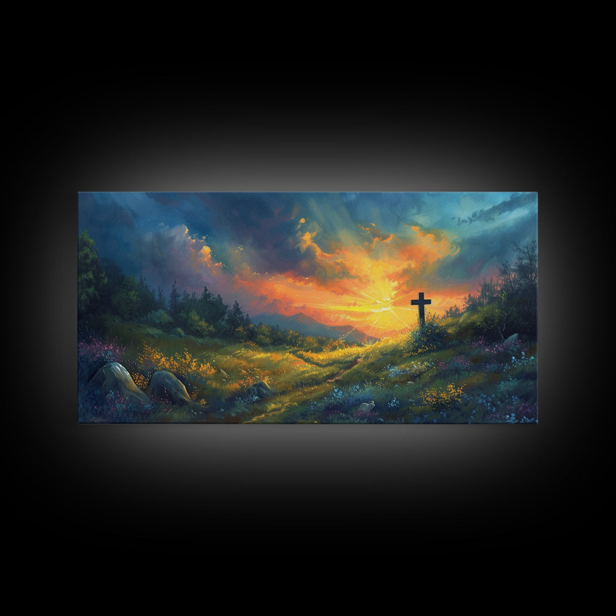 Painting Of a Cross in A Beautiful Landscape Christian Wall Art Framed Canvas Print