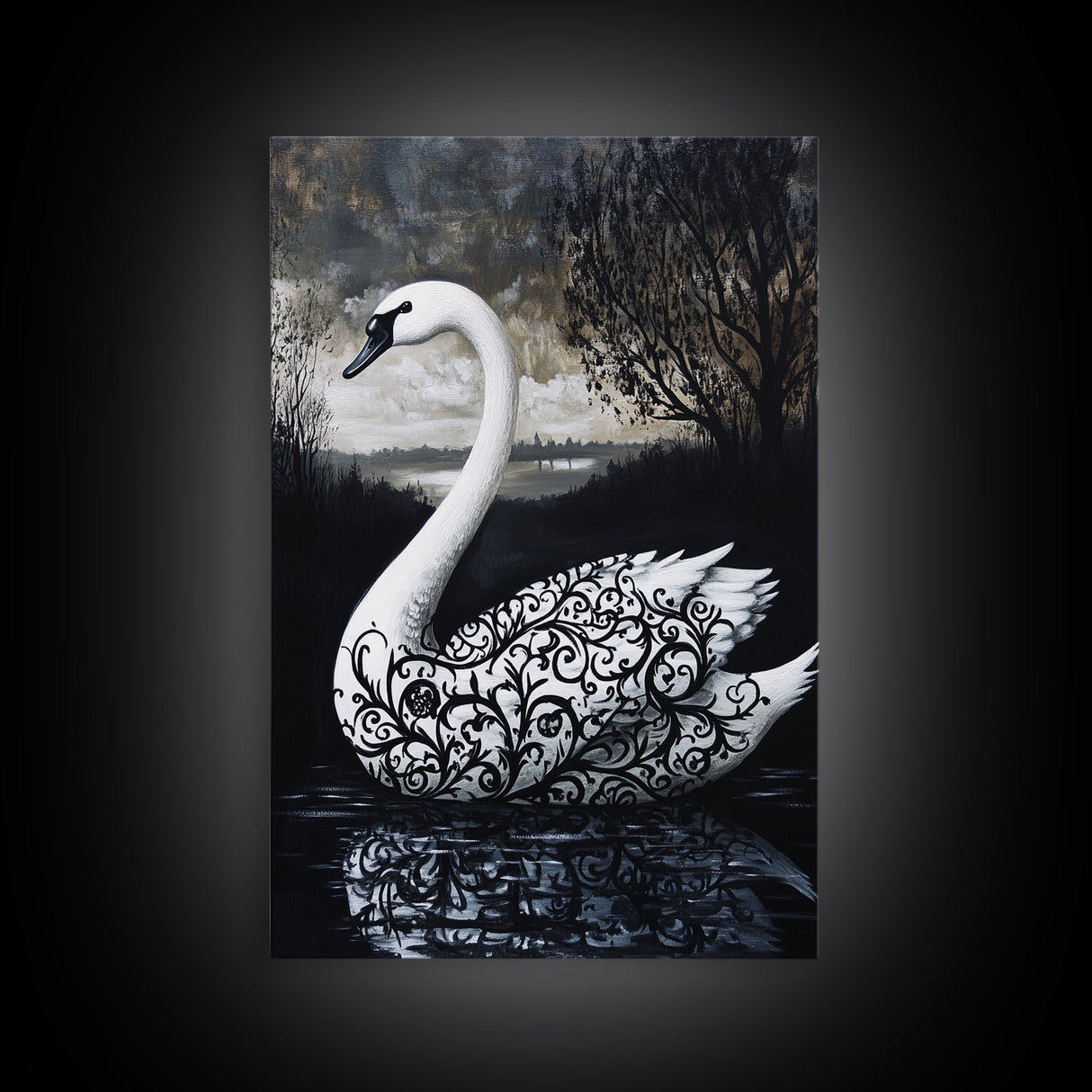 Elegant Gothic Swan Canvas Print | Framed Swan Poster Canvas | Wildlife Decor, animal prints, Swan Painting, Rustic Home Decor, Living Room Art