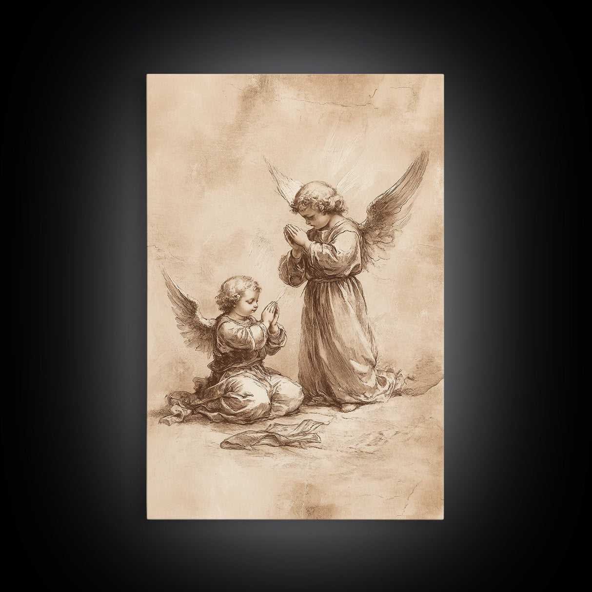 Guardian Angel Wall Art, Angel Painting, Canvas Print, Angel Decor, Angelic Wall Art, Cute Cherub Angel Sketch Art