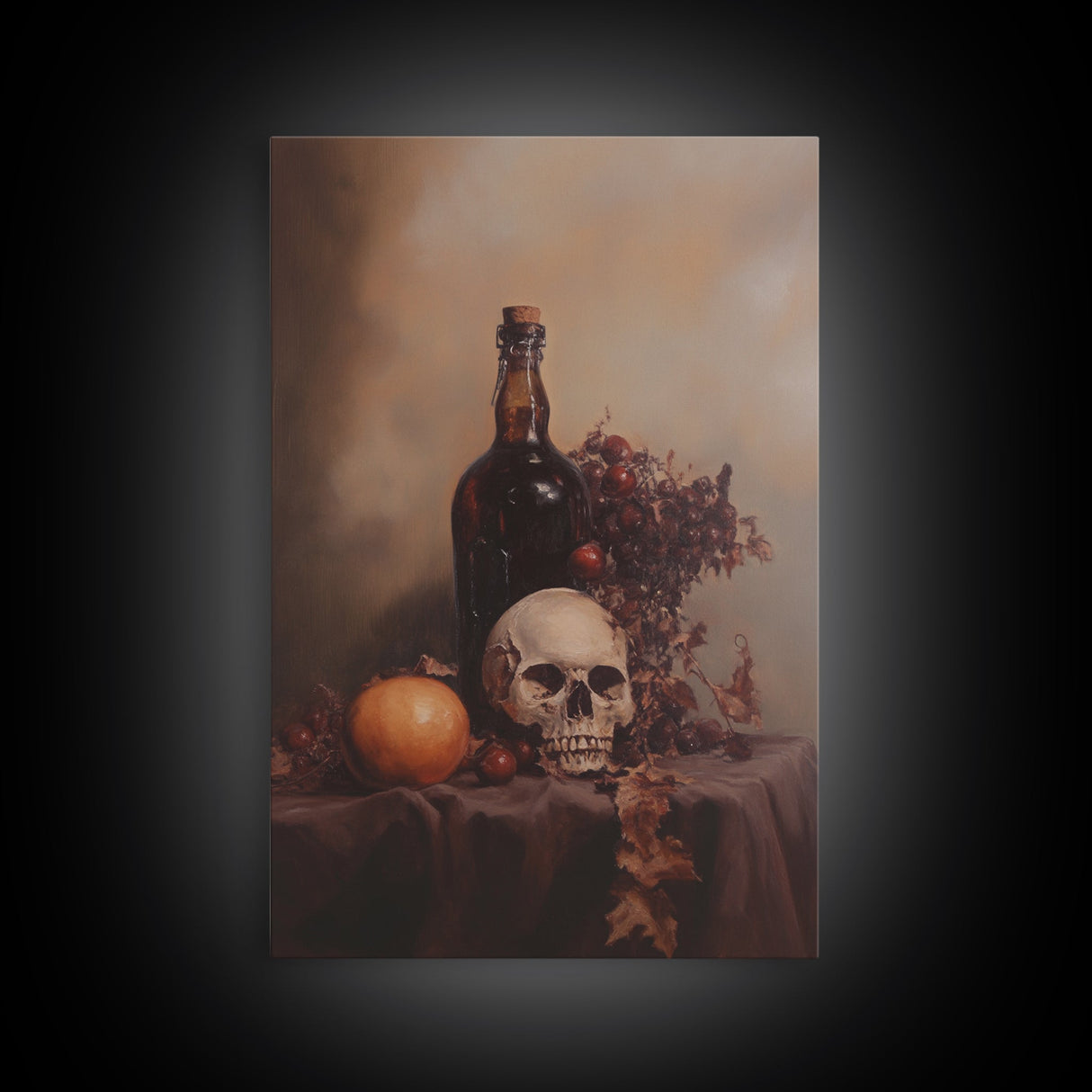 Still Life of a Skull and Wine Framed Canvas Print, Oil Painting Print, Gothic Decor, Dark Academia Macabre Halloween Wall Art, Witchy Decor