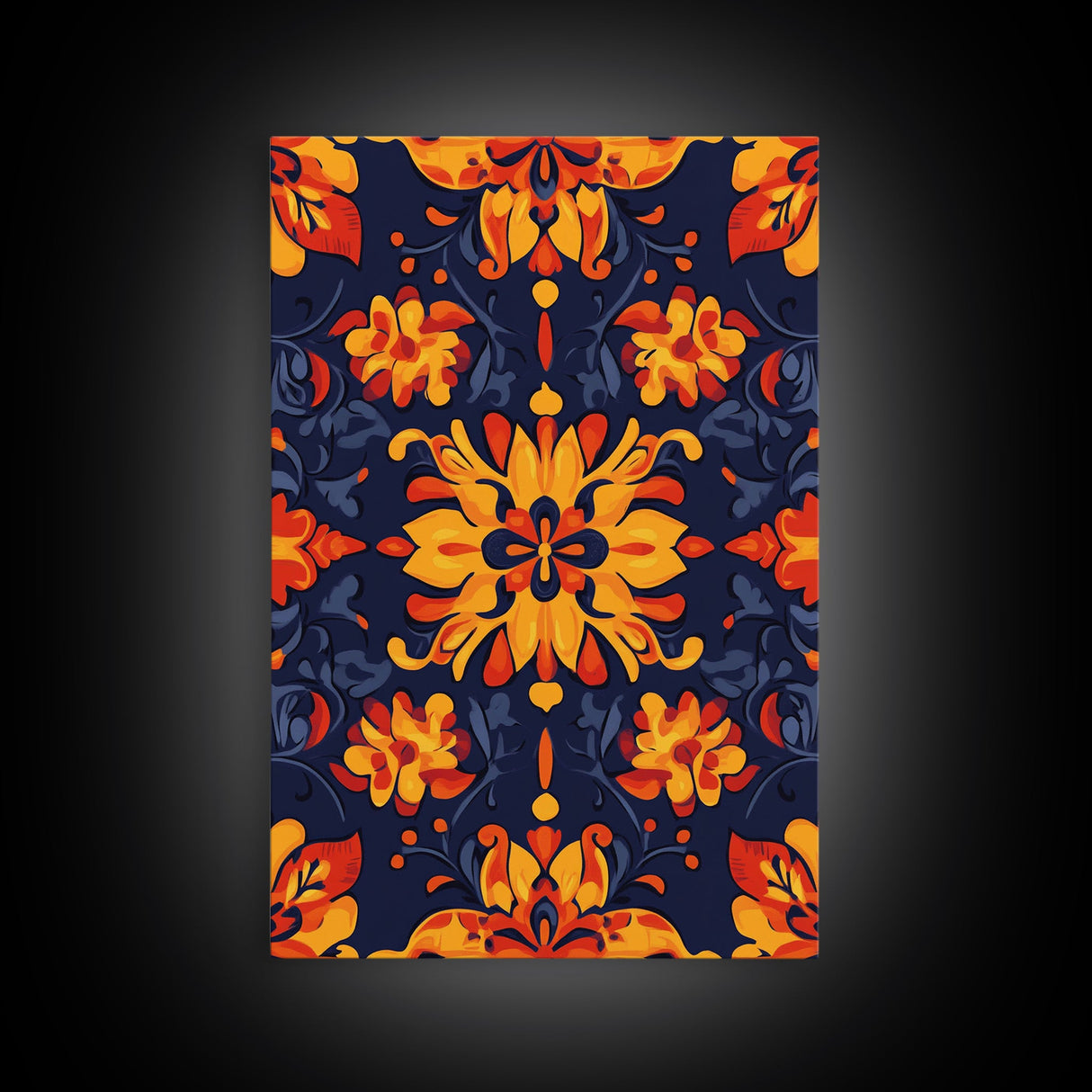 Botanical Pattern Wall Art Framed Canvas Print, Wood Framed Art, Mexicano Art, Mexican Tile Print Wall Art, Chicano Farmhouse Art