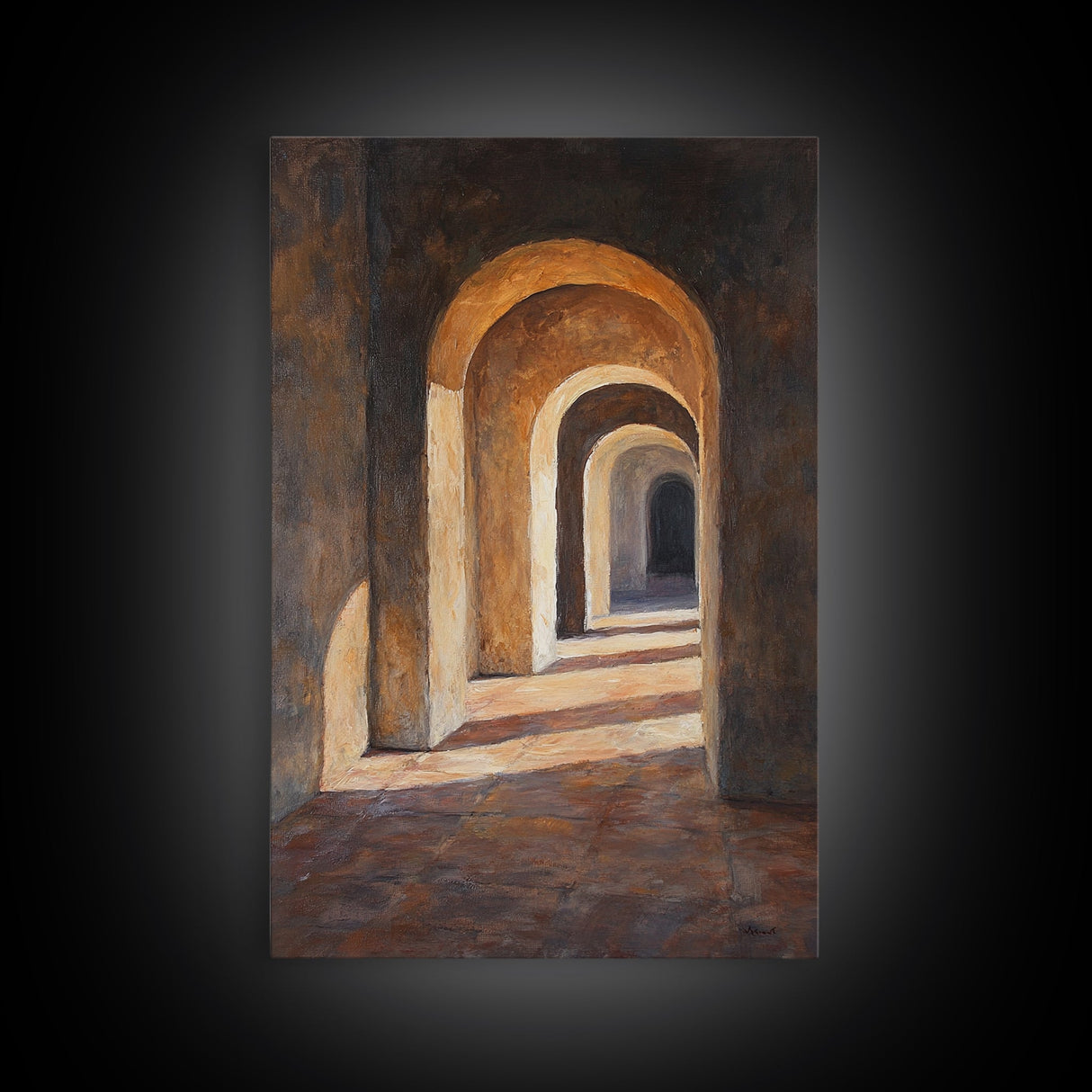 Sunlight Peaks Through the Pillars, Framed Canvas Print, Moroccan Style Wall Art, Moroccan Painting, Paint of Morocco