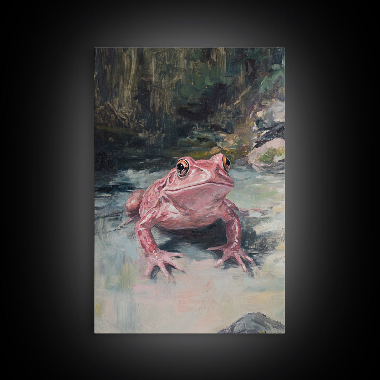 Painting of a Pink Frog, Framed Canvas Print, Wood Framed Wall Art, Home Decor, Preppy Pink Frog Wall Art, Dark Academia Decor