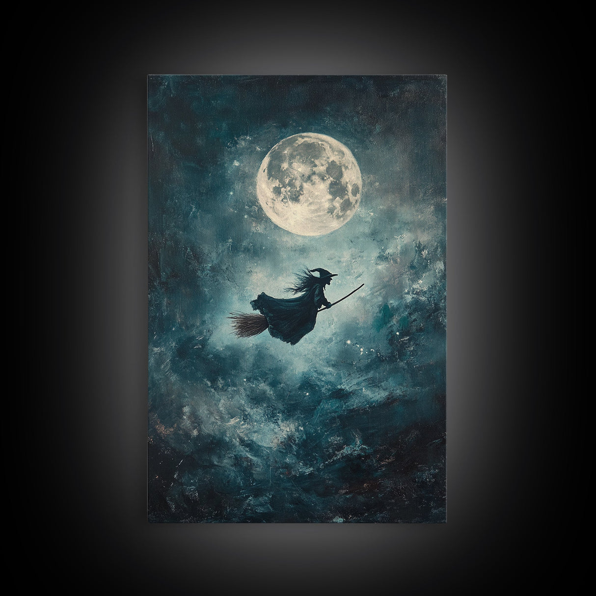 Witchy Decor, Witch Wall Art, Witch Riding a Broom Under a Full Moon, Witch Painting, Framed Canvas Print, Witchy Wall Art, Halloween Decor