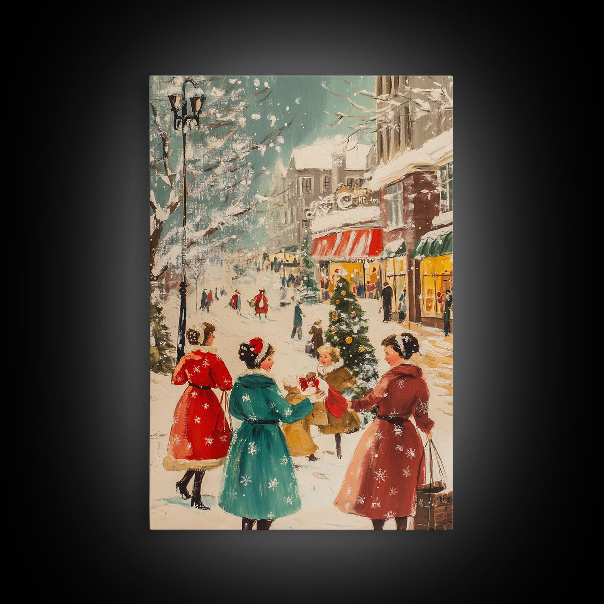 Winter Wall Art Christmas Canvas Print - 1950s Style Post Card Art - Christmas Decor - Christmas Shoppers In The Streets - Christmas Village Art