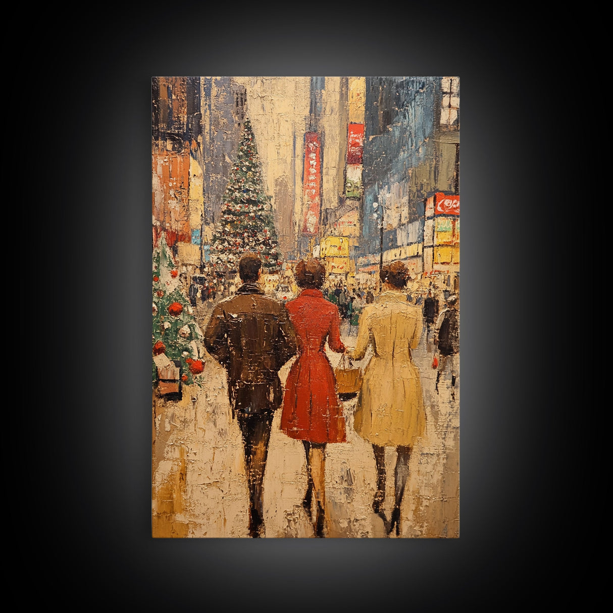 Retro Christmas Town Scene with Shoppers Walking The Streets, Framed Canvas print, Holiday Street Decor, Framed Canvas Winter Wall Art