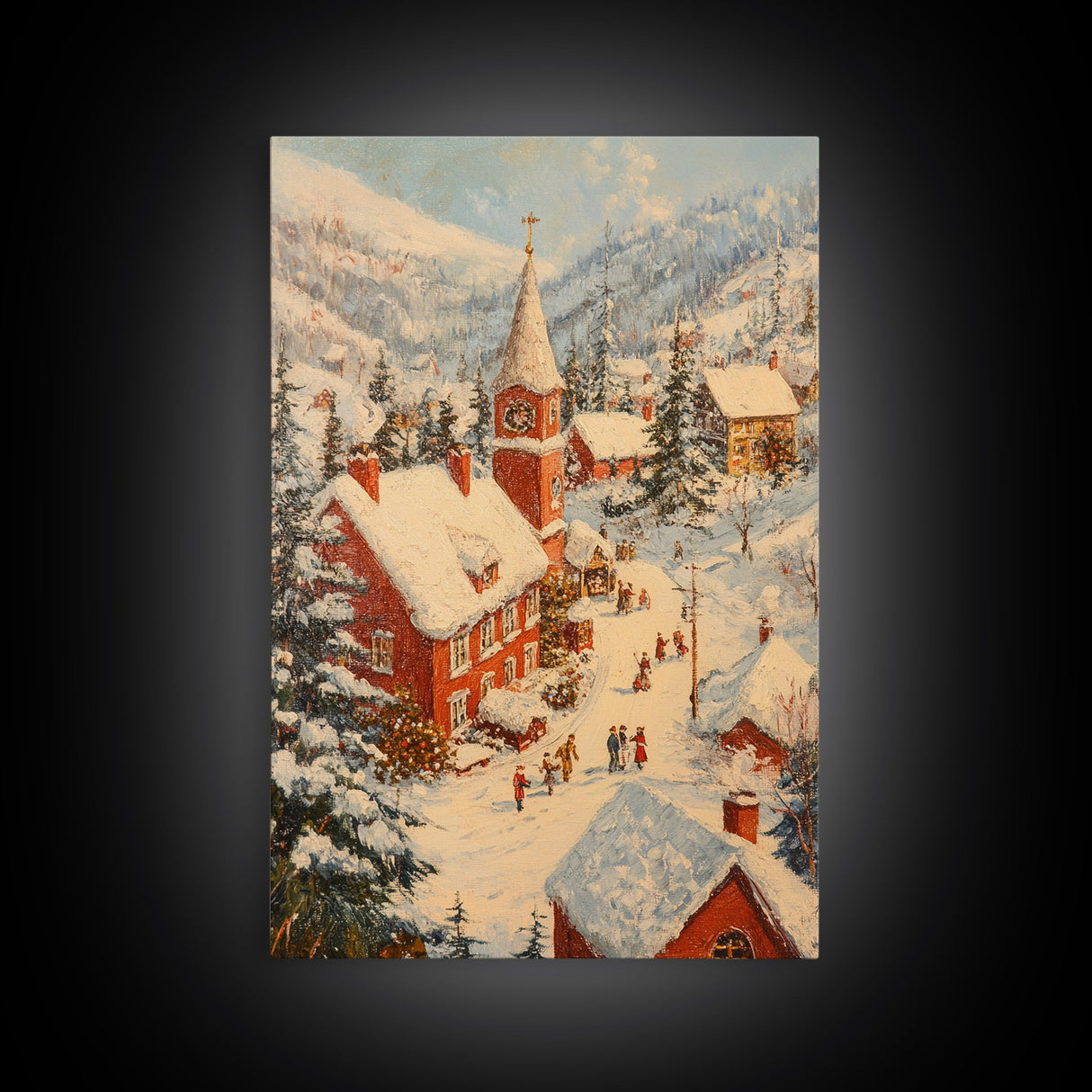 Victorian Christmas Village Art Canvas Print, Christmas Village Painting, Christmas Mantle Art, Christmas Centerpiece Wall Art