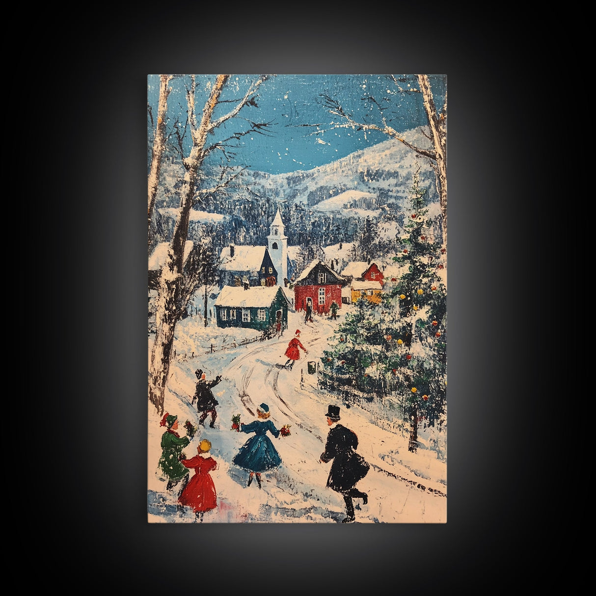 Ice Skating in The Streets on Christmas Morning Framed Canvas Print - Retro Christmas Village Wall Art - Christmas Above Mantle Centerpiece Art