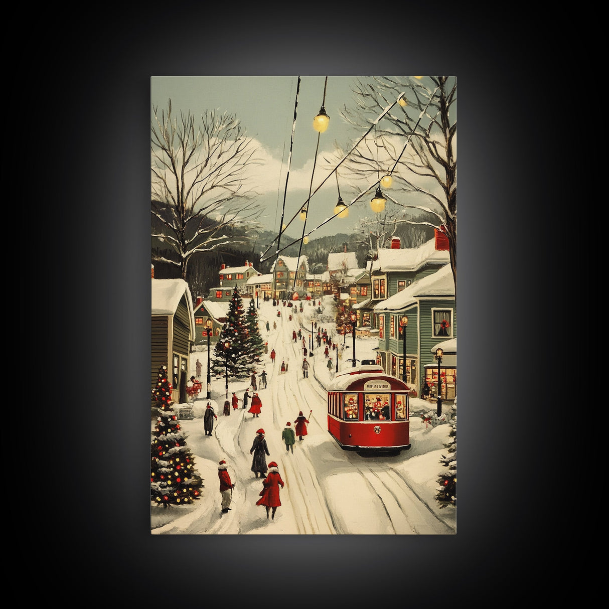 Vintage Christmas Trolley Painting Print, Framed Canvas Art, Christmas Village Wall Art