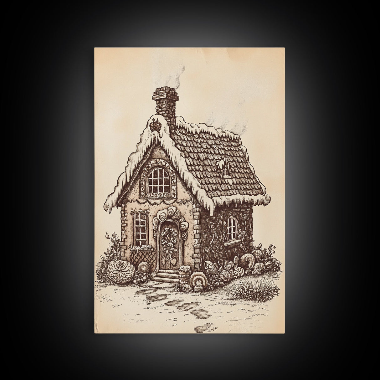 Ginger Bread House Canvas Print - Framed Canvas - Minimalist Christmas Art - Boho Christmas Art - Rustic Christmas Art