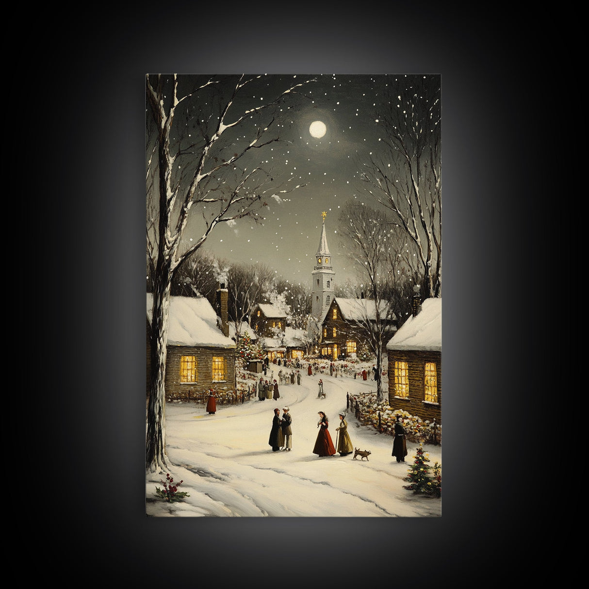 Huge Christmas Tree In The Town Square, Christmas Village Wall Art, Framed Canvas Print, Christmas Canvas Art