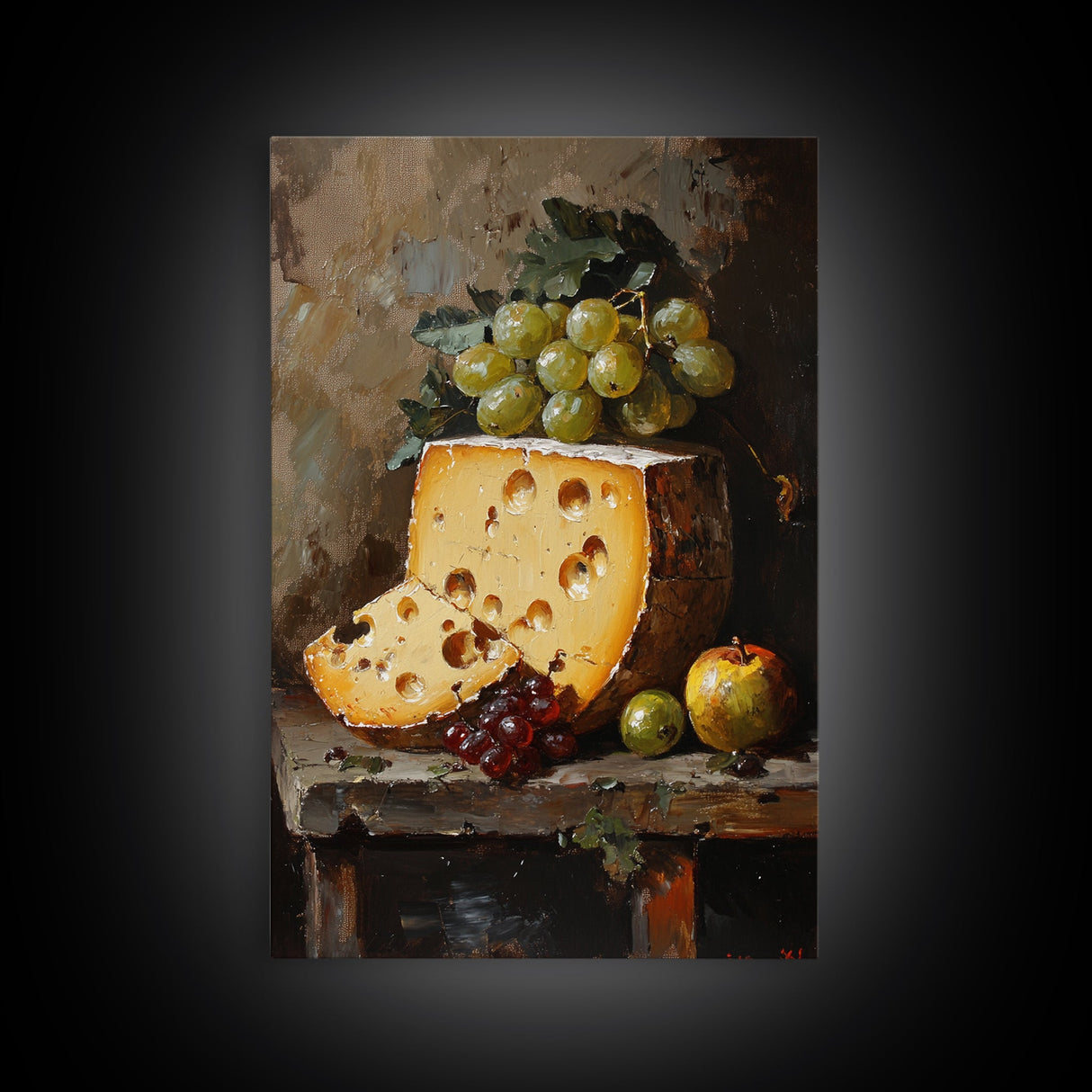 Vintage Still Life of Cheese Canvas Print, Retro Kitchen Wall Art, Cheese Painting, Dining Room Wall Art