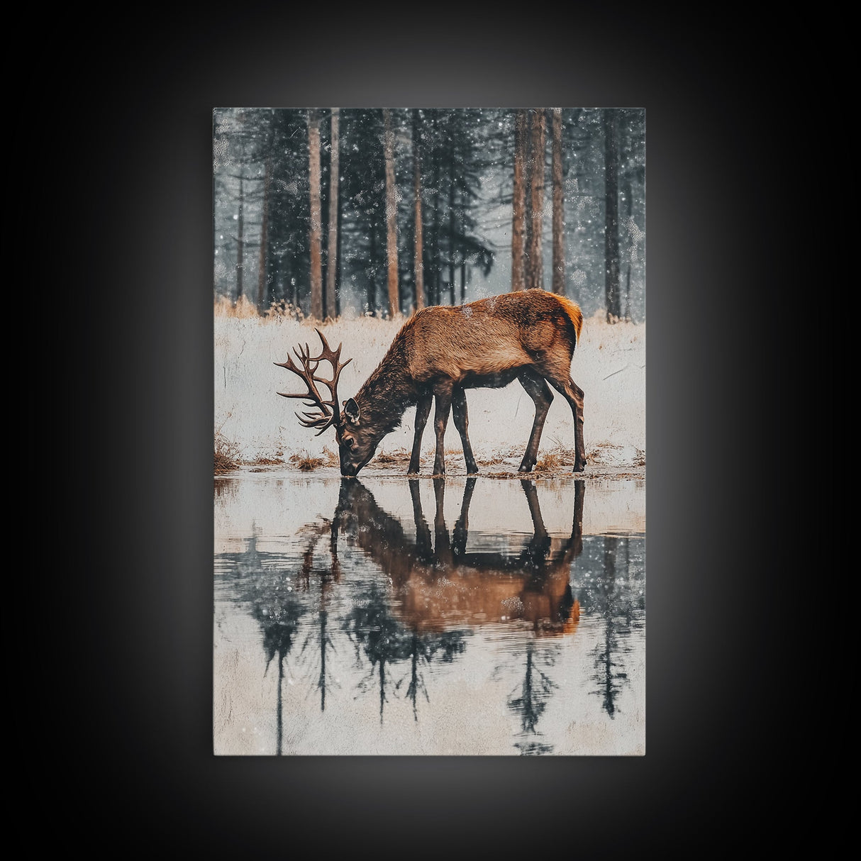 Elk Drinking Water Oil Painting Print, Framed Canvas, Deer Drinking Water In Forest Painting, Nature Decor, Cabin Wall Art, Winter Wall Art