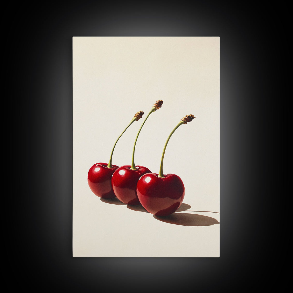 Three Cherries Framed Canvas Print, Cherry Painting, Cherry Wall Art, Ready To Hang Painting, Framed Wall Art, Photorealism, Fruit Art