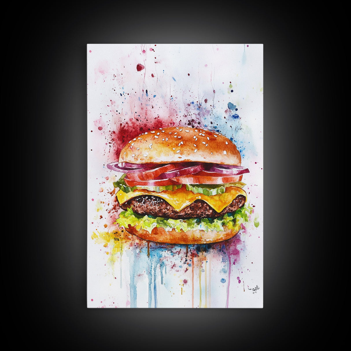 Hamburger Oil Painting Canvas Print Kitchen Wall Art Food Decor, Dining Room Burger Wall Decor, Restaurant Decor, Food Review Kitchen Art