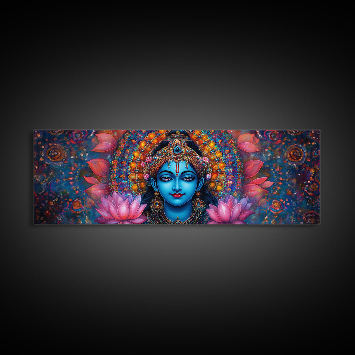 Krishna Painting Print, Ready To Hang Canvas Wall Art, Radha Krishna Art, Panoramic Art, Extra Wide Horizontal Art, Hinduism Wall Art