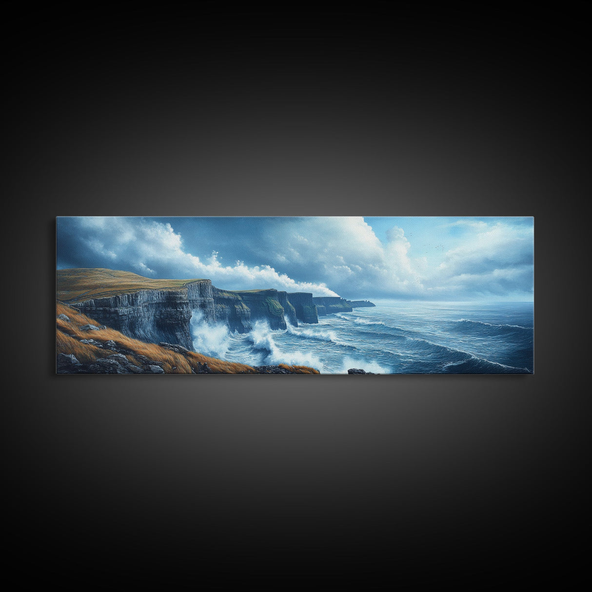 Cliffs of Moher Framed Canvas Print, Ready To Hang Ireland Painting, Irish Art, Ireland Wall Art, Horizontal Extra Large Wall Art