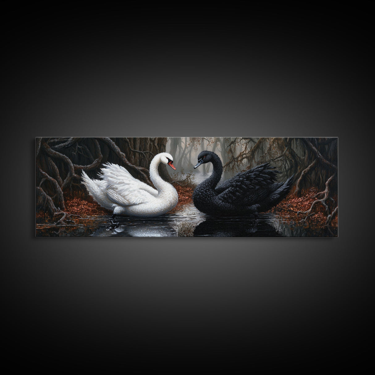 Black and White Swan Form A Heart, Framed Canvas Print, Swan Painting, Black Swan Art, Dark Romance, Panoramic Art, Gothic Art